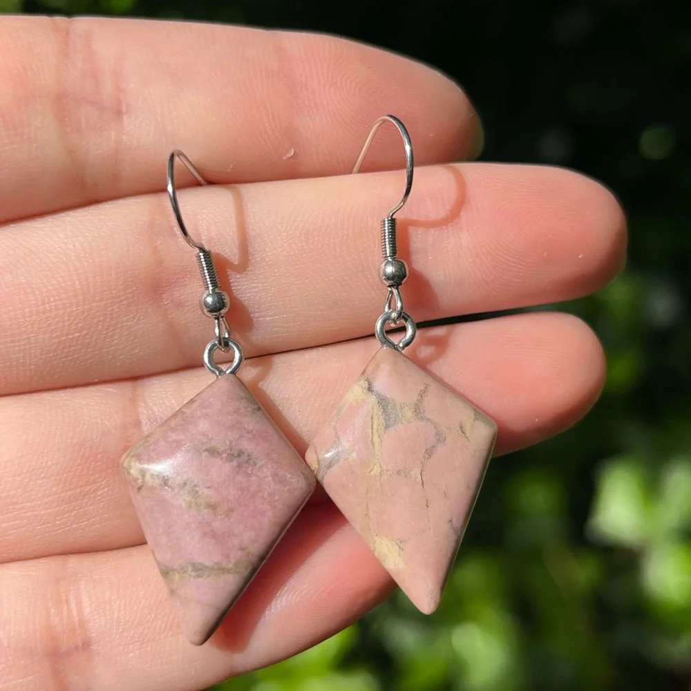 Stainless‎ steel pink rhodonite diamond shape drop earrings